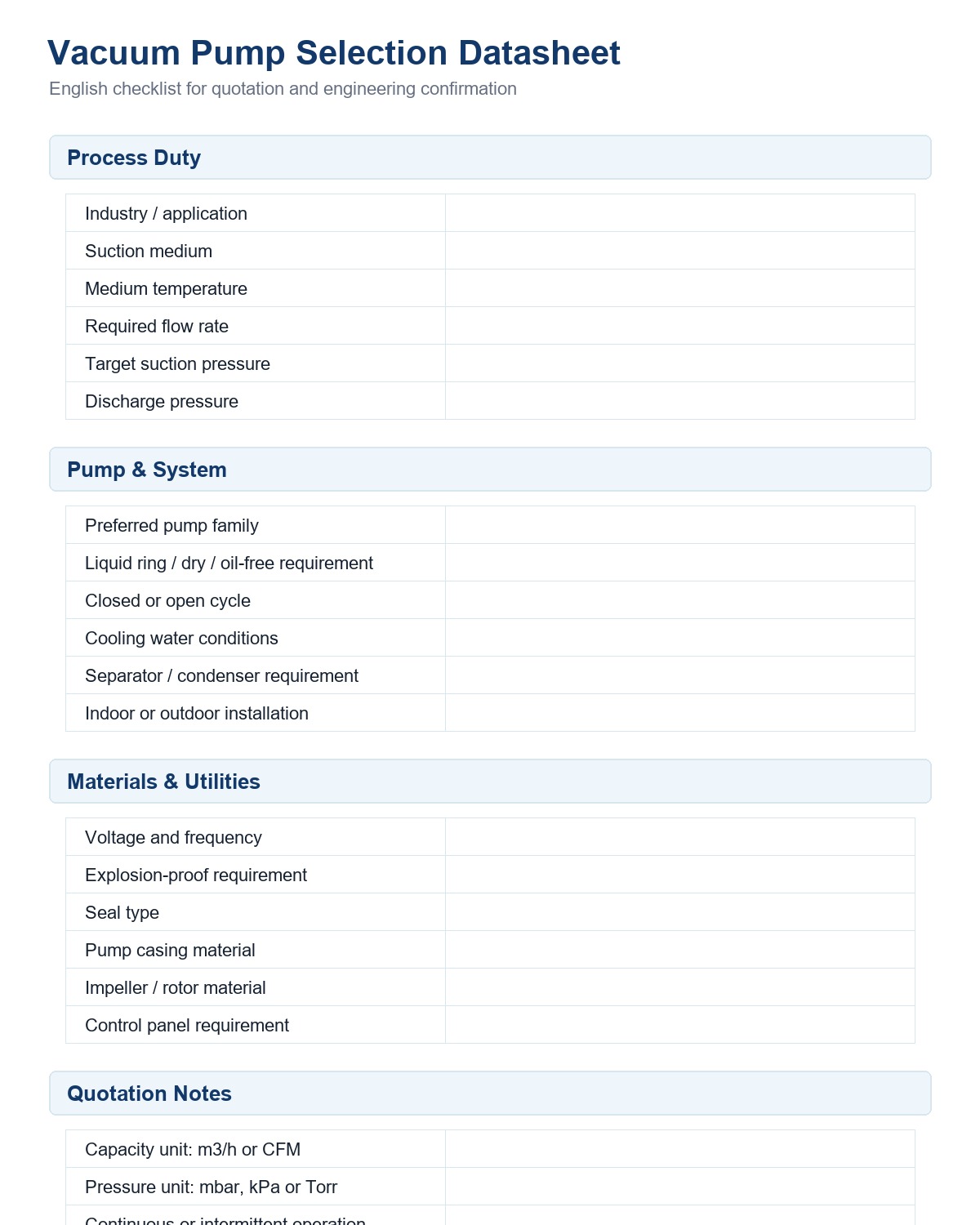 Technical data table from vacuum pump catalogue